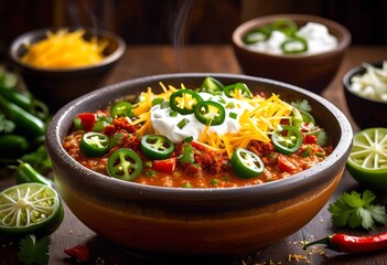 steaming bowl spicy chili delicious toppings food lovers, hot, beans, meat, tomatoes, peppers, onions, cheese, sour, cream, cilantro, jalapeno, avocado