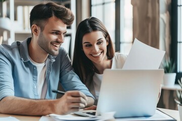 A happy young business woman and male colleagues are working together on laptops in the office, looking at documents. Concept photo, about the passion of a human resources team