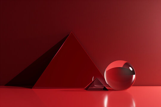 pyramid and glass ball on a red background stock photo. minimalist geometric abstraction with dark maroon tones and chromatic sculptural slabs. hyperrealistic rendering captures the essence of minimal