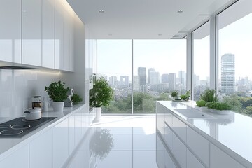 White Kitchen Overlooking City View. Generative AI