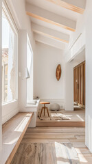 Minimalist interior design composition with minimal furniture and copyspace for text. Home decor concept image.