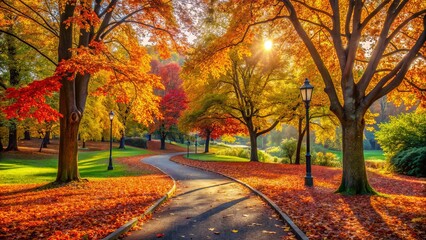 Fall Splendor..A Beautiful Park In The Fall With A Winding Path, Colorful Trees, And A Warm Sun.