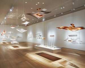 Wide-angle view of a modern art gallery with an installation of suspended kinetic sculptures, each...