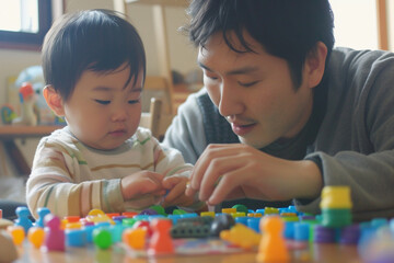 Fototapeta premium Daddy helps his child learn to count and sort objects
