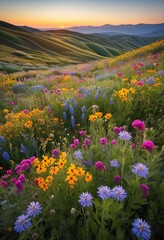 Fototapeta premium vibrant wildflowers blanket rolling hills full bloom landscape, colorful, hillside, meadow, picturesque, countryside, scenic, floral, field, grassy, beautiful
