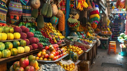 Fototapeta premium Amazing image of Traditional market stalls decorated with fruit, textiles and exotic crafts. A feast of colors and textures. AI generated images