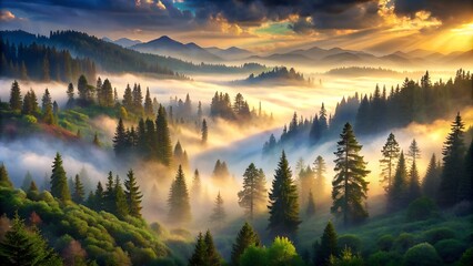 Fototapeta premium Photorealistic Illustration of Foggy Forest Landscape - Graphic Art