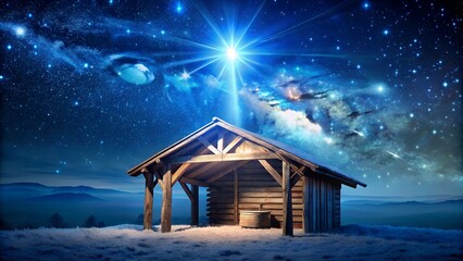 Wooden Stable Under Dark Blue Starry Sky, Celebrating the Birth of Jesus Christ - Copy Space...