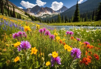 Obraz premium vibrant wildflowers blossoming mountain meadow landscape, scenic, flora, environment, summertime, picturesque, botany, growth, field, countryside, plant, natural
