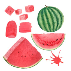 Watermelon whole, slice, cubes wash red and juicy with a few seeds. Watercolor set isolated on white, hand drawn for food design. Packages, juice, smoothie, menu, organic food, ice cream label, logo
