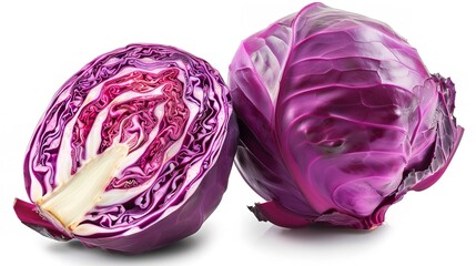 Fototapeta premium Isolated on a white background with a clipping path, a whole red cabbage and half, Generative AI.