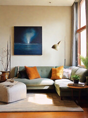 living room, a small rectangular picture hangs on the wall