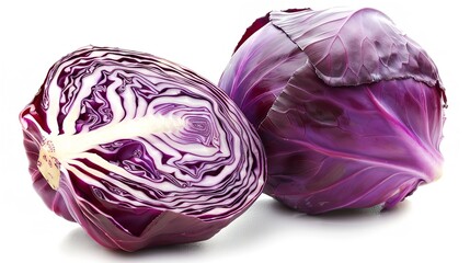 Obraz premium Isolated on a white background with a clipping path, a whole red cabbage and half, Generative AI.