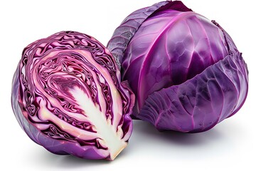 Obraz premium Isolated on a white background with a clipping path, a whole red cabbage and half, Generative AI.
