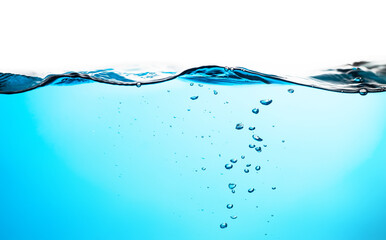 Water Wave. Water Bubbles Float Up Under Water. Freshness Pure Water Splashing on White...