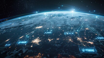 Naklejka premium amazing image Futuristic digital globe showing interconnectivity for global operation tutorials.AI generated image