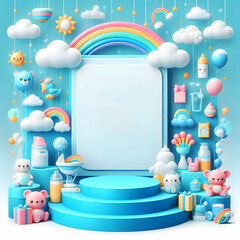 Cute Baby Podium Background.Colorful Background, Clouds and Weather with Empty Space for Kids or Baby Product.