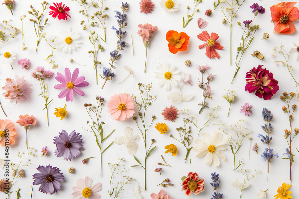 Wall mural a variety of wildflowers are scattered on a white background. flower composition. pressed dried flow