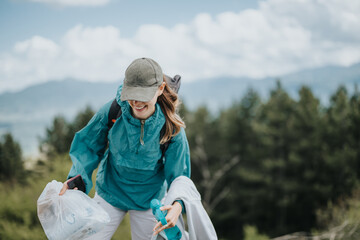 Happy woman picking up trash while hiking with a smile, promoting environmental awareness and outdoor activity
