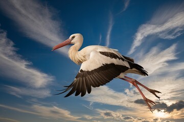Obraz premium European white stork, ciconia, flying in the blue and cloudy sky