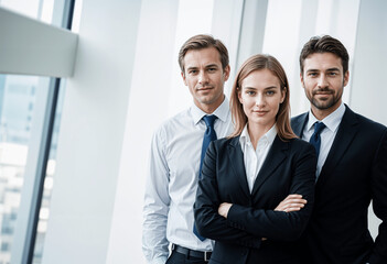 Smiling successful businesswoman in formal black clothes standing with Team, leading Businessman and Businesswomen, Working in Business Industry