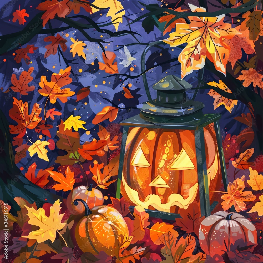 Wall mural jolly halloween lantern and autumn leaves background