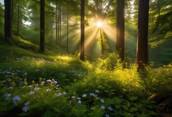 Obraz premium luminous sunbeam illuminating forest serene nature scene, clearing, sunlight, bright, shining, woods, glade, peaceful, natural, landscape, rays, glowing