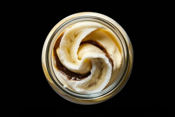 sweet banana yogurt in a glass jar isolated on black background