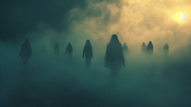 Scary ghost spirit figures  walking in the fog, Scary nightmare ghost characters