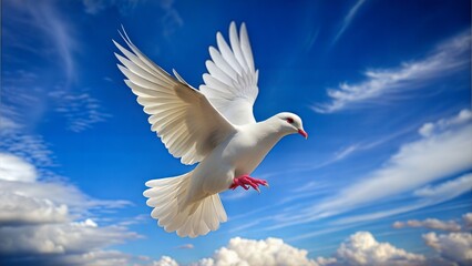 Fototapeta premium White dove soars with peace through a clear blue sky