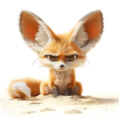 Obraz premium A cartoon fennec fox with big ears sits in the sand, looking grumpy.