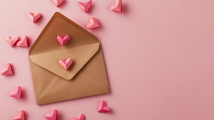 Fototapeta premium Flat-lay pink Valentine's Day or anniversary backdrop with content space surrounds a love letter envelope embellished with paper craft hearts, Generative AI.