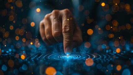 Businessman and fingerprint scanning unlock and access to business data network