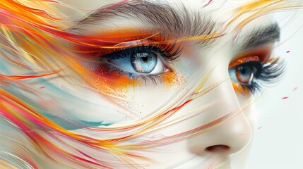 Close-up of a woman's eye with colorful abstract brushstrokes.