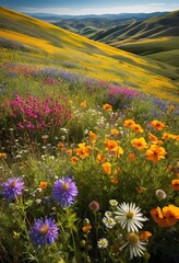 Obraz premium vibrant wildflowers blanket rolling hills full bloom landscape, colorful, hillside, meadow, picturesque, countryside, scenic, floral, field, grassy, beautiful