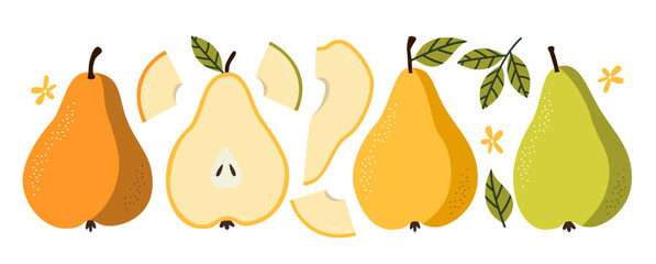 Pear Fruit Set. Cartoon Flat Summer Food.