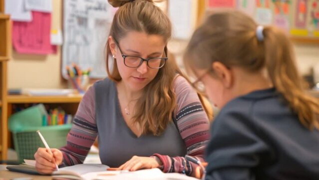 Dedicated educator grading assignments, reviewing student work with care and providing constructive feedback for improvement