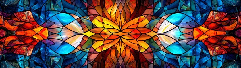 Abstract colorful stained glass design with blue, red, orange and yellow hues.