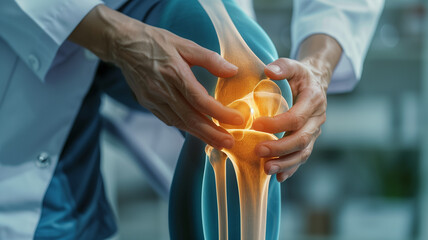 Doctor examining patient's knee joint x-ray films, MRI bone