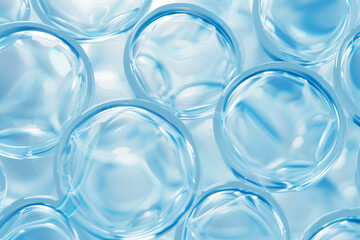 Oil bubbles collagen skin serum on blue pastel background. concept skin care cosmetics.