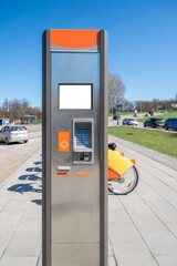 Mockup Of Municipal Bike Rental Ticket Machine In Front Of City Parking. Electronic Payment Display On The Sidewalk