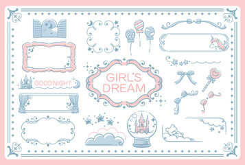 ゆめかわ、ガーリーなパステルトーンのイラスト素材。フレームやコーナーも。ベクターイラスト素材。