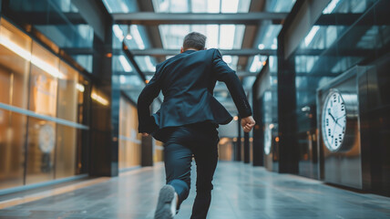 Obraz premium Businessman run fast on time run out clock. determination to finish work fast, stressed or anxiety to complete work concept