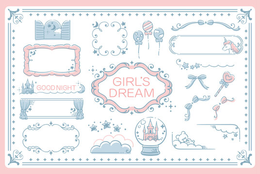ゆめかわ、ガーリーなパステルトーンのイラスト素材。フレームやコーナーも。ベクターイラスト素材。