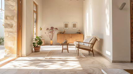 Minimalist interior design composition with minimal furniture and copyspace for text. Home decor concept image.