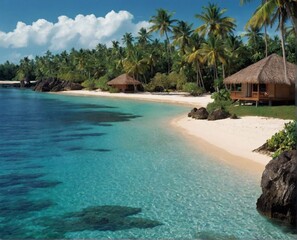 A paradise island in the sea surrounded by clear turquoise water. A tropical resort in the ocean. The beauty of nature.