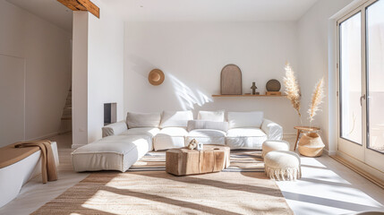 Minimalist interior design composition with minimal furniture and copyspace for text. Home decor concept image.