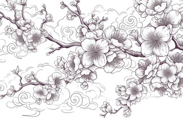 Idea for tattoo and coloring books.Japanese clouds and wave for tattoo design.Chinese clouds.Japanese culture of symbol.Branch of Sakura flower vector for tattoo style on isolated white background.Pea