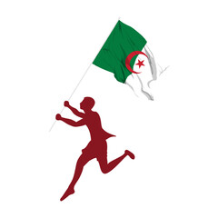 Vector illustration of man running and holding Algeria flag in hands on transparent background