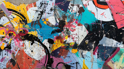 Fototapeta premium A colorful graffiti wall with splatters of paint and a black